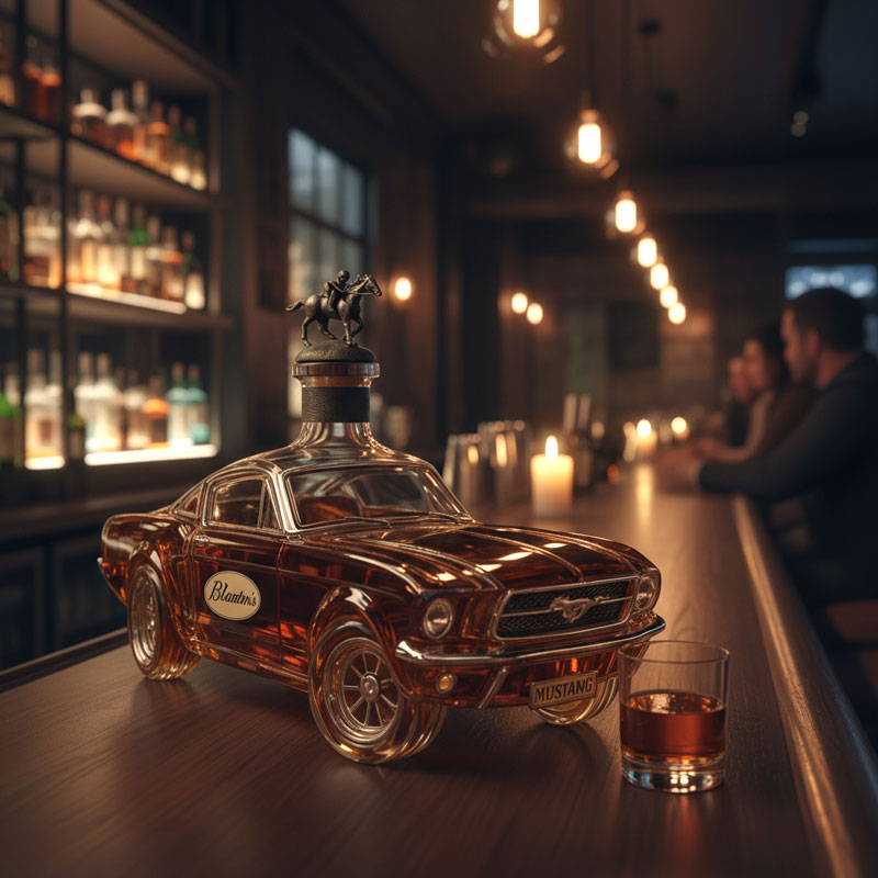 Bilformet Whiskykaraf Med Glaskonstruktion Og Markant Karakterfuldt Udtryk