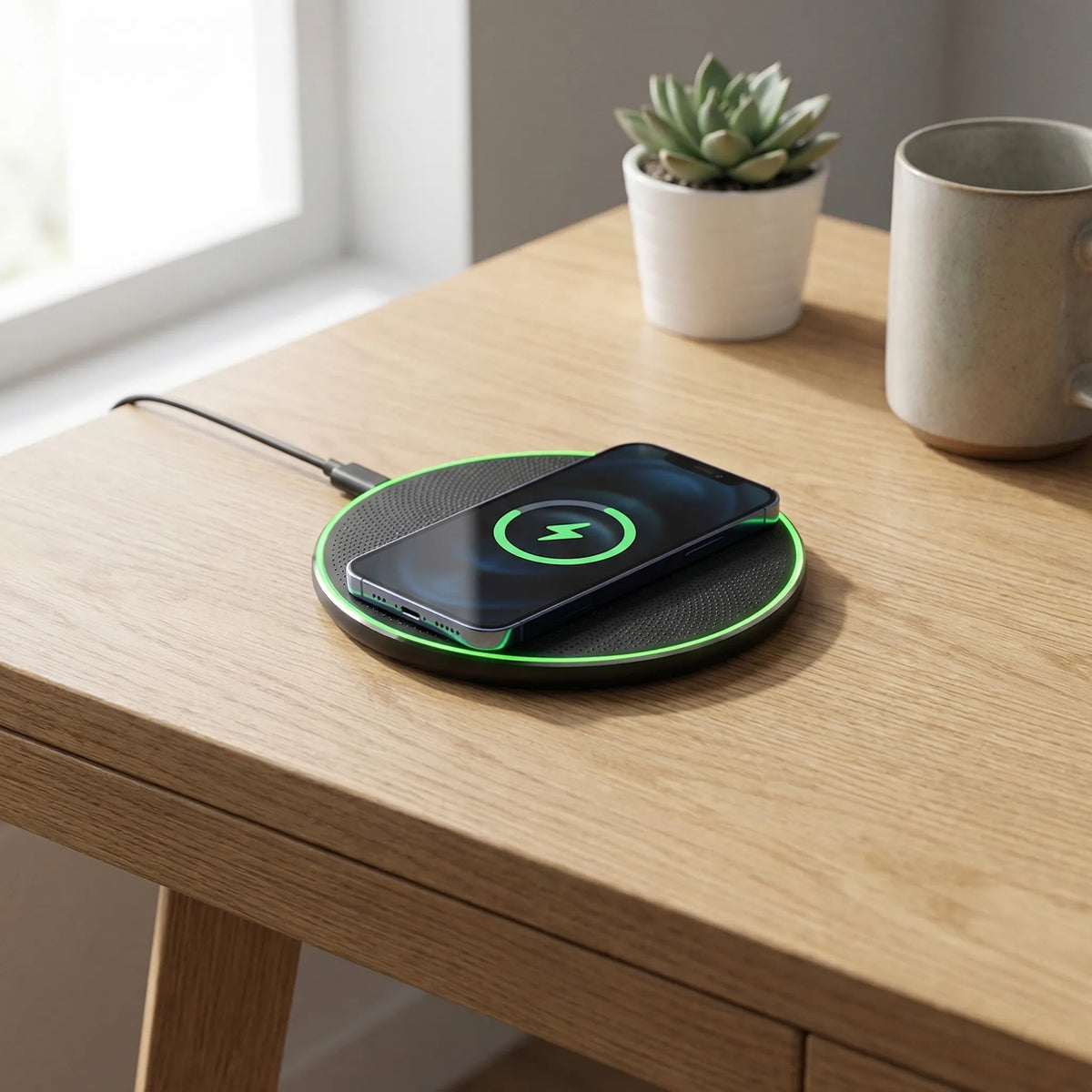 Opladningspad Med Hurtig Qi‑Lading Og Kompakt Rundt Design