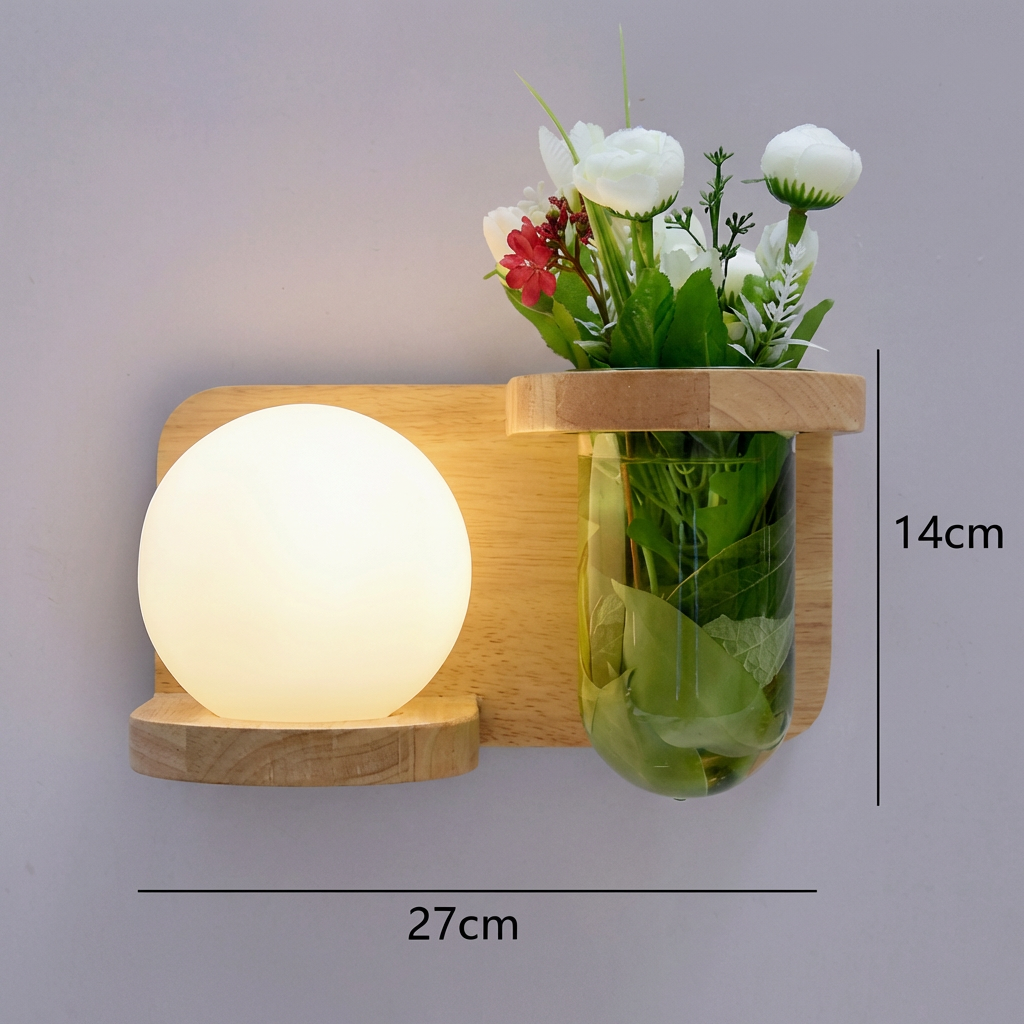 Væglampe med Træhylde og Rund Glasform