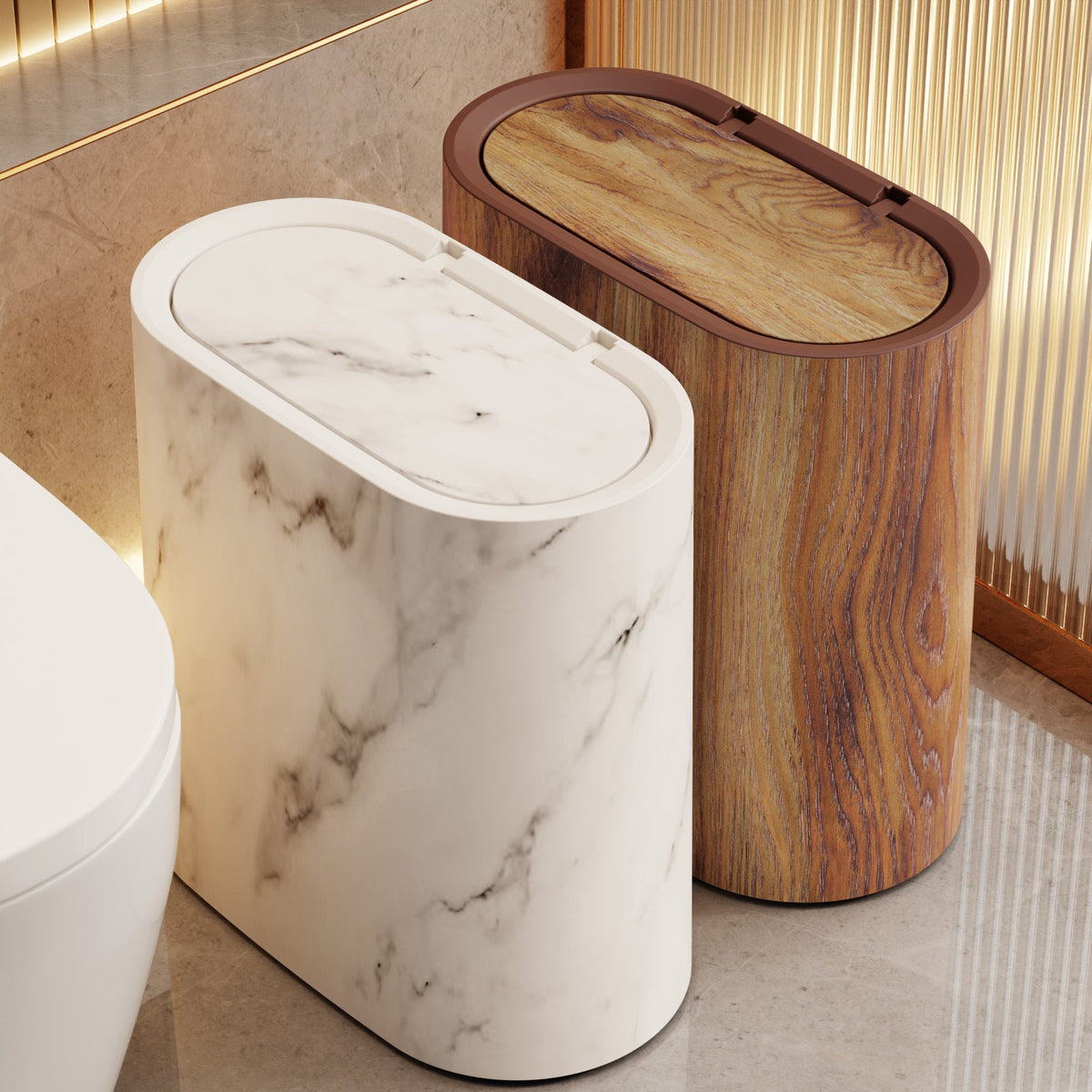 Affaldsboks Oval Plast Med Marmorlook Og Pladsbesparende Design