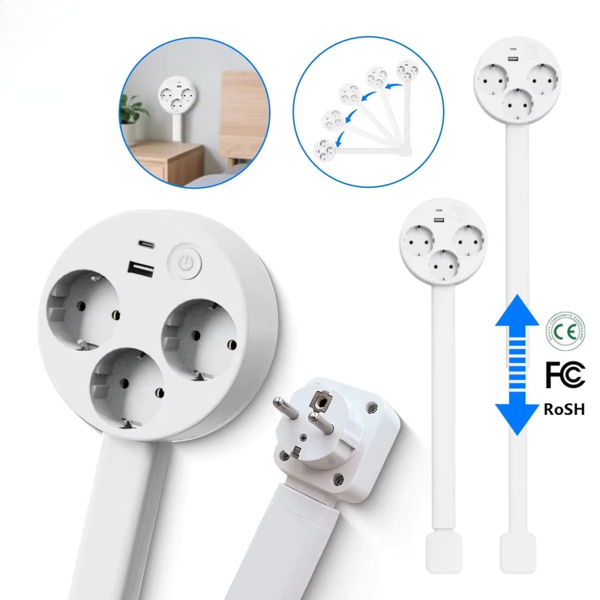 Udtrækkelig Stikdåse med USB-Porte og 180° Rotation
