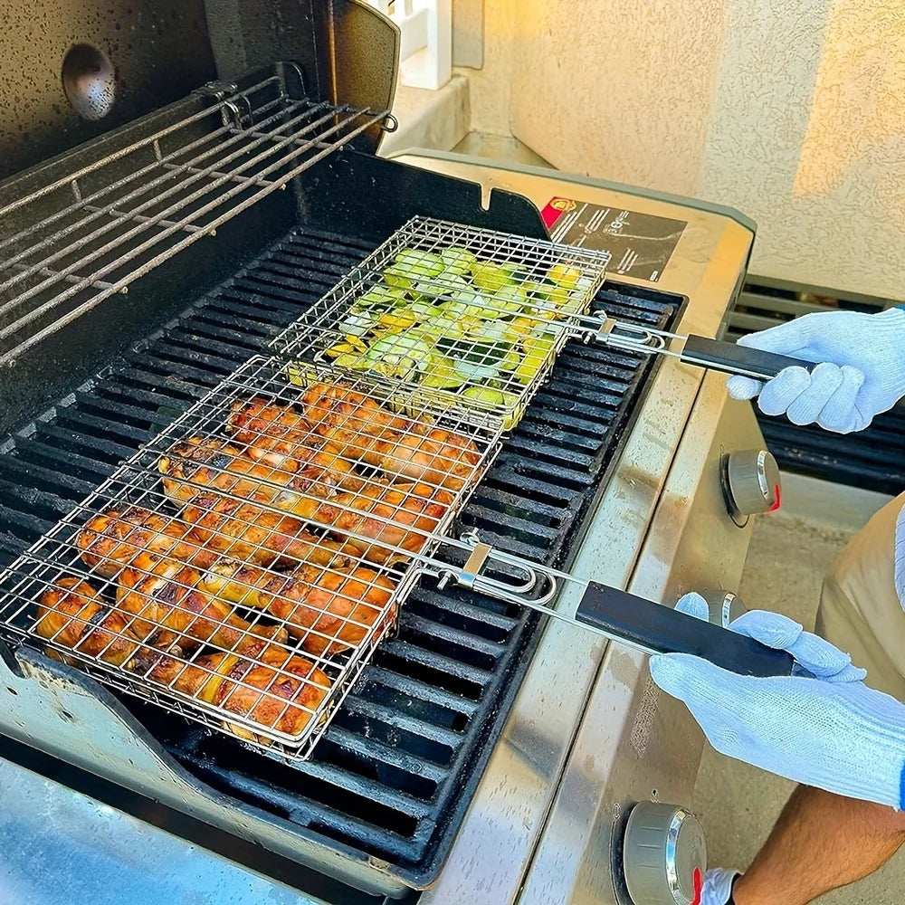 Sammenklappelig Grillkurv Med Non-Stick Belægning Til Kød, Fisk Og Grøntsager