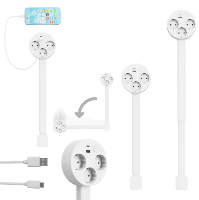 Udtrækkelig Stikdåse med USB-Porte og 180° Rotation