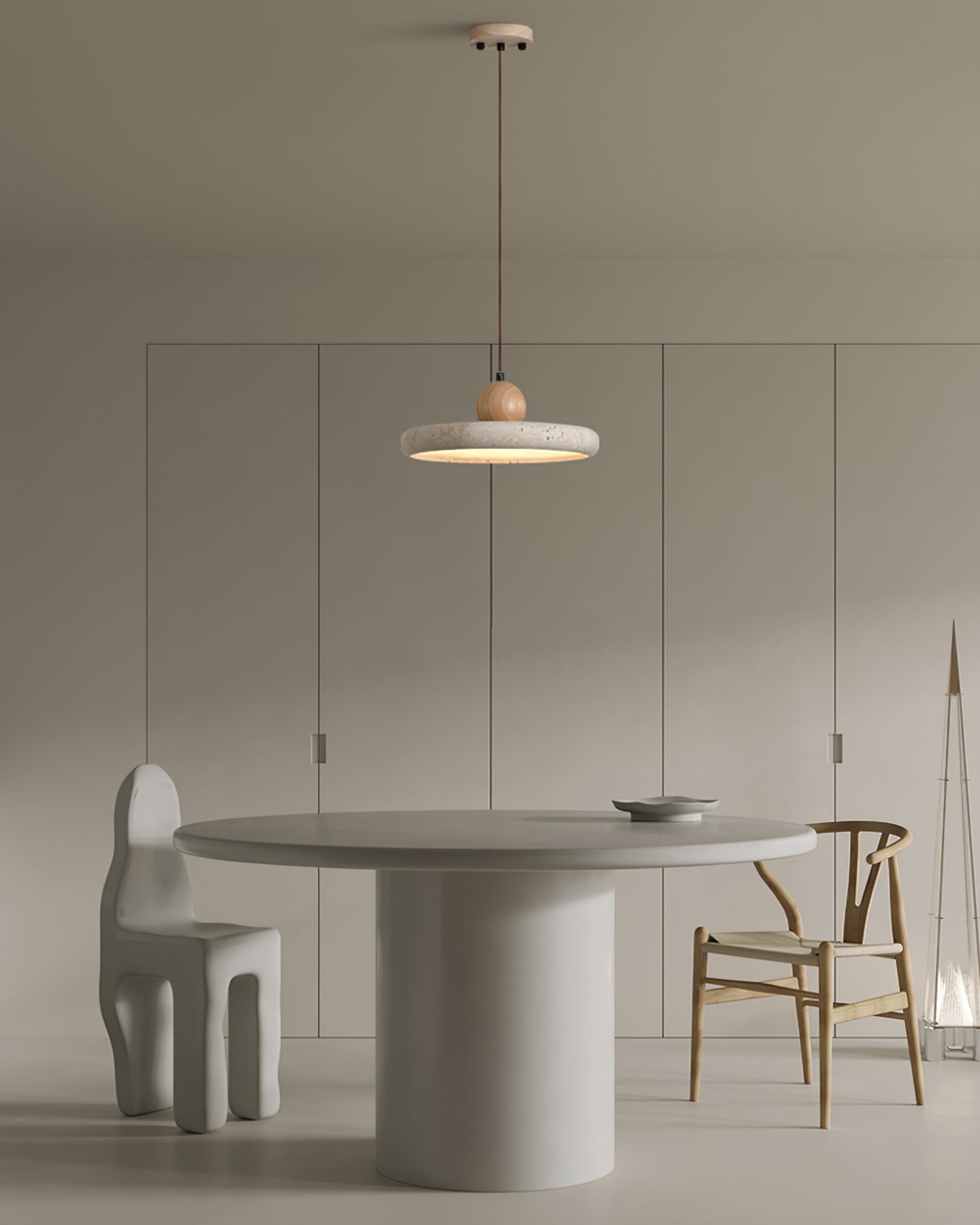 Loftlampe i Naturtravertin og Træ for Organisk og Kunstnerisk Indendørs Belysning