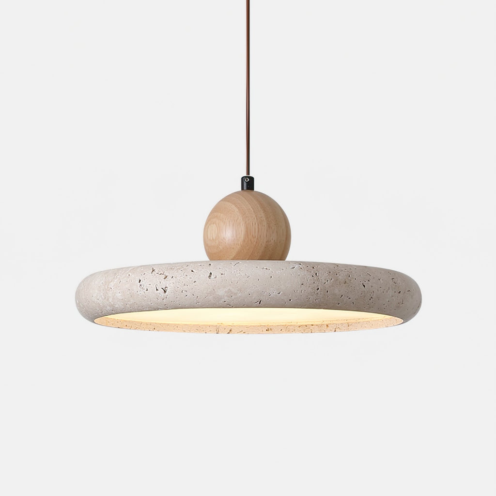 Loftlampe i Naturtravertin og Træ for Organisk og Kunstnerisk Indendørs Belysning