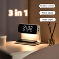 Multifunktionel Natbordslampe med LED‑Lys, Trådløs Opladning og Digital Alarm