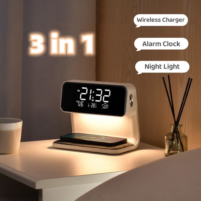 Multifunktionel Natbordslampe med LED‑Lys, Trådløs Opladning og Digital Alarm