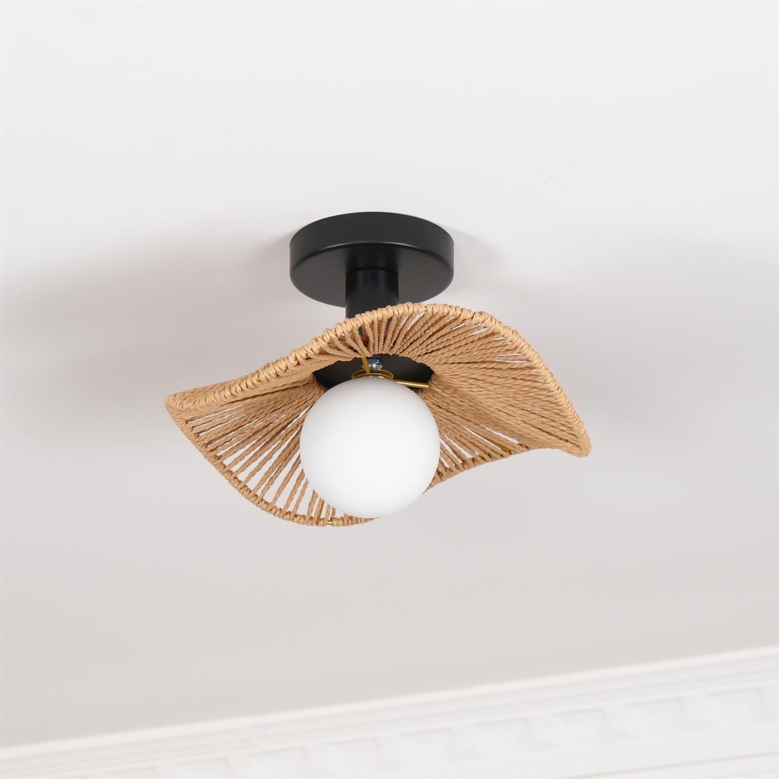 Loftlampe med Hampereb, Glas og Metal for Naturlig og Moderne Indendørs Belysning