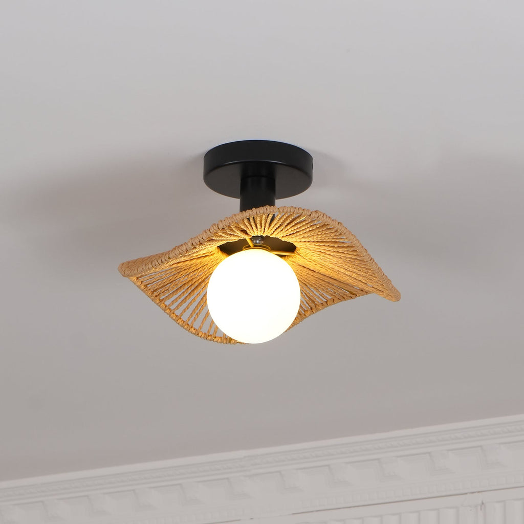 Loftlampe med Hampereb, Glas og Metal for Naturlig og Moderne Indendørs Belysning