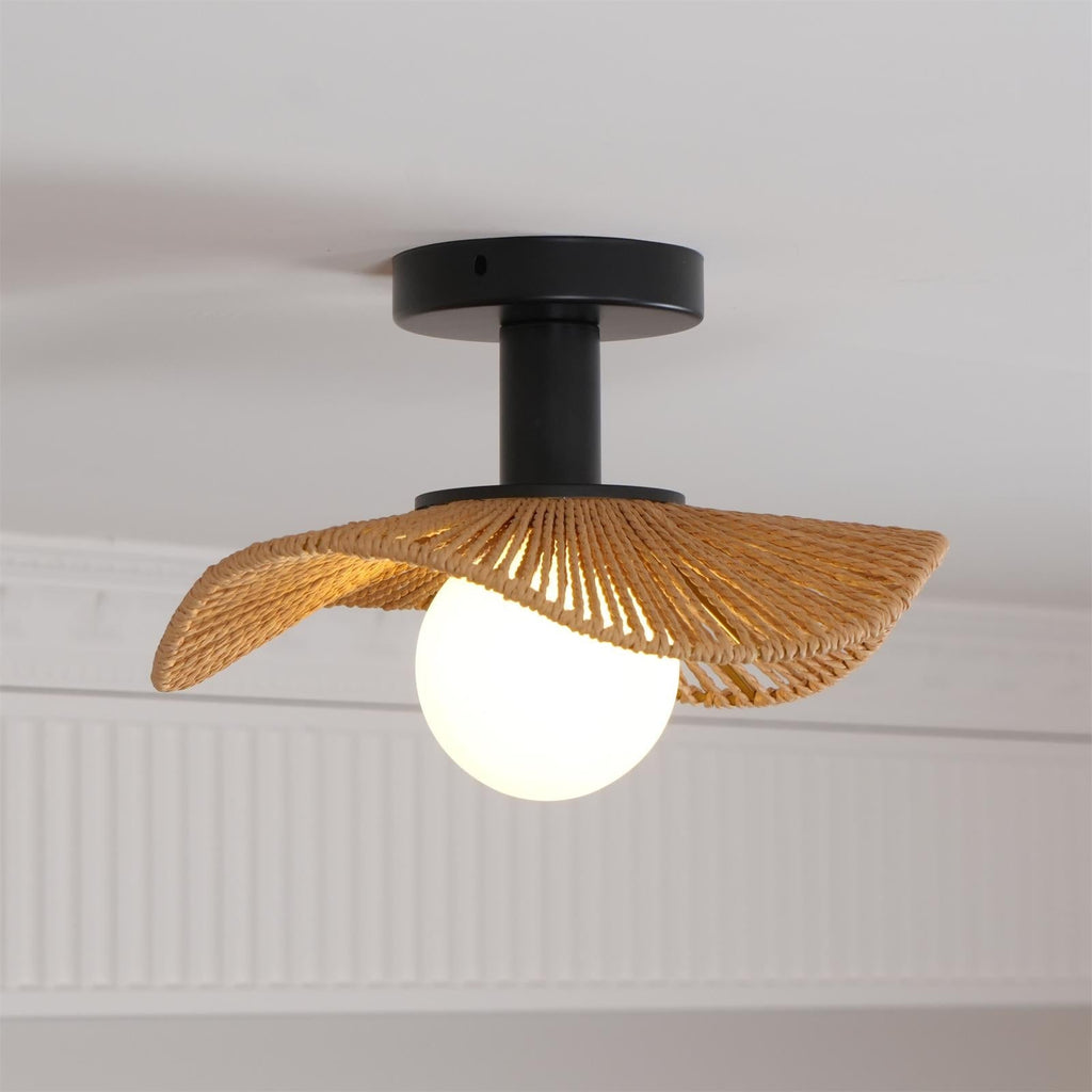 Loftlampe med Hampereb, Glas og Metal for Naturlig og Moderne Indendørs Belysning