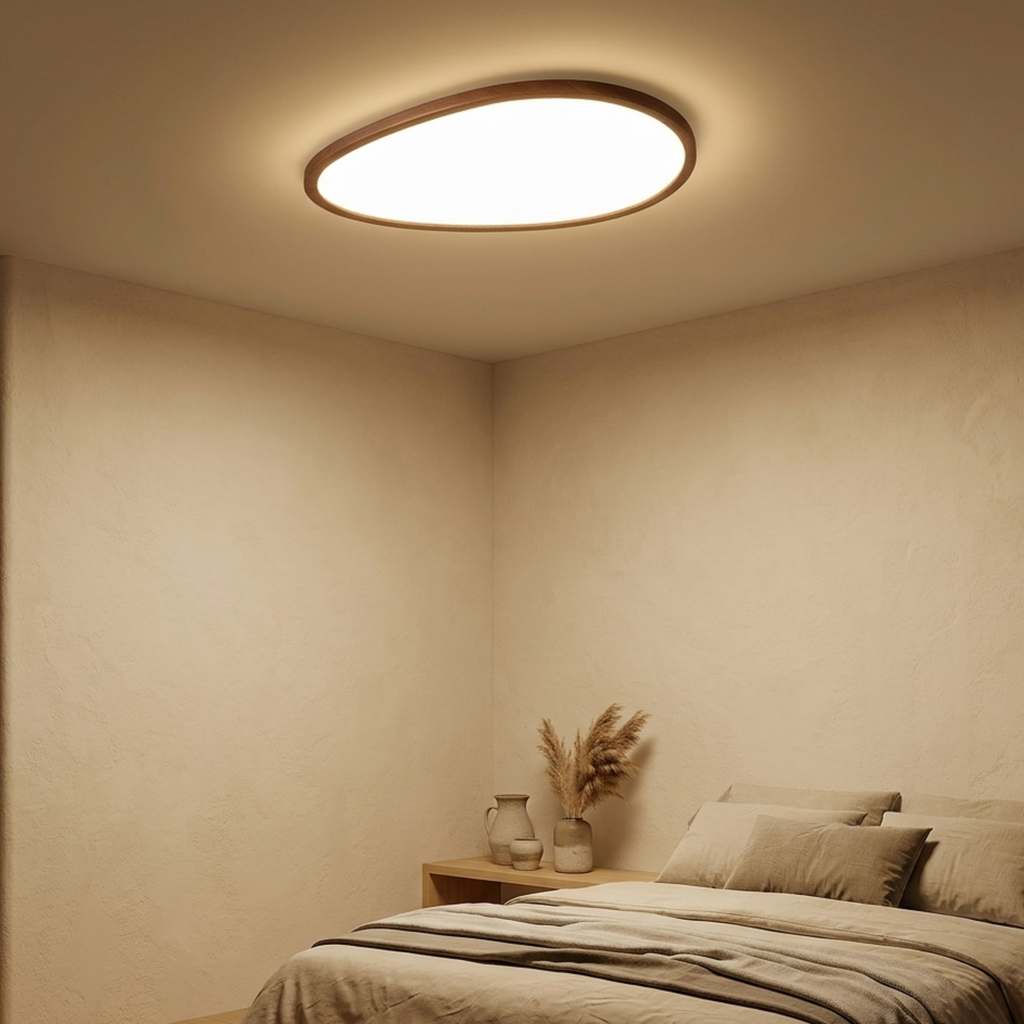Flad Loftlampe med Mørkt Trælook og Tre Lysfarver til Moderne Indretning