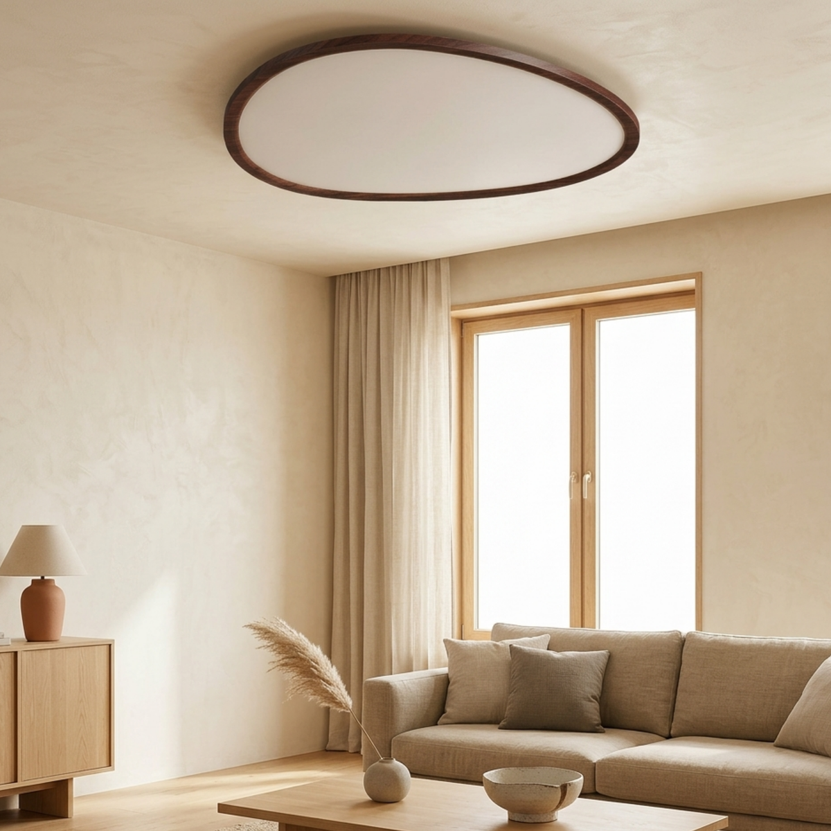 Flad Loftlampe med Mørkt Trælook og Tre Lysfarver til Moderne Indretning