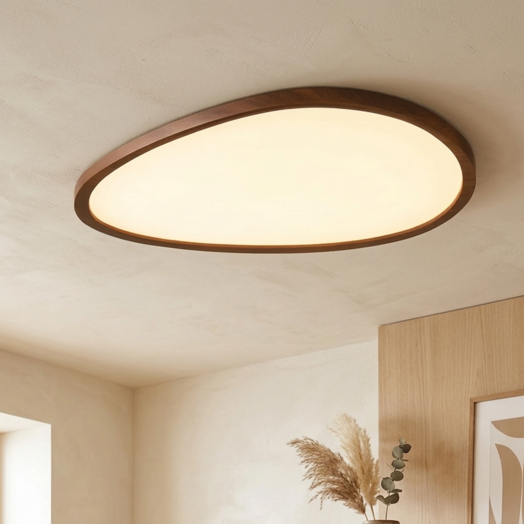 Flad Loftlampe med Mørkt Trælook og Tre Lysfarver til Moderne Indretning
