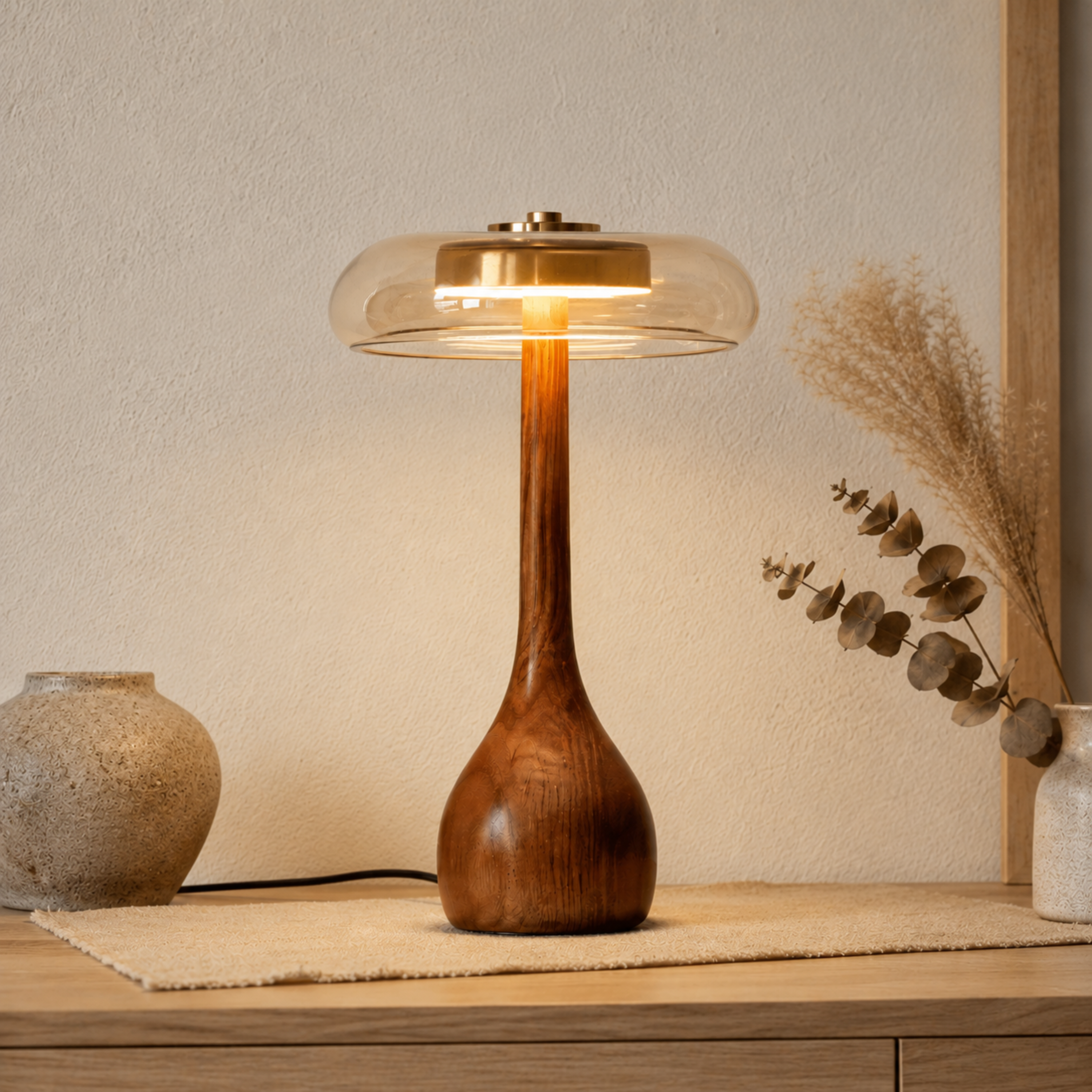 Bordlampe i Glas, Træ og Metal med Roligt Udtryk