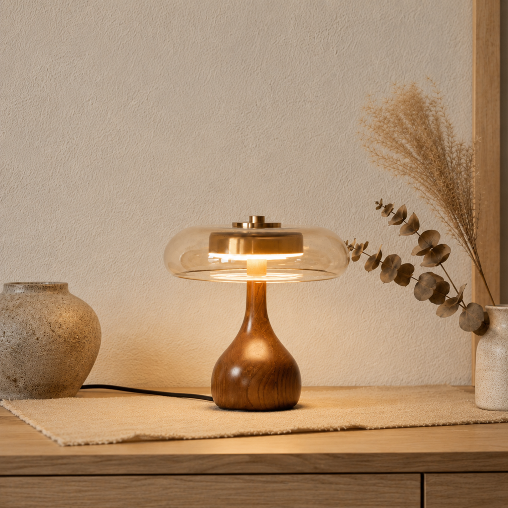 Bordlampe i Glas, Træ og Metal med Roligt Udtryk
