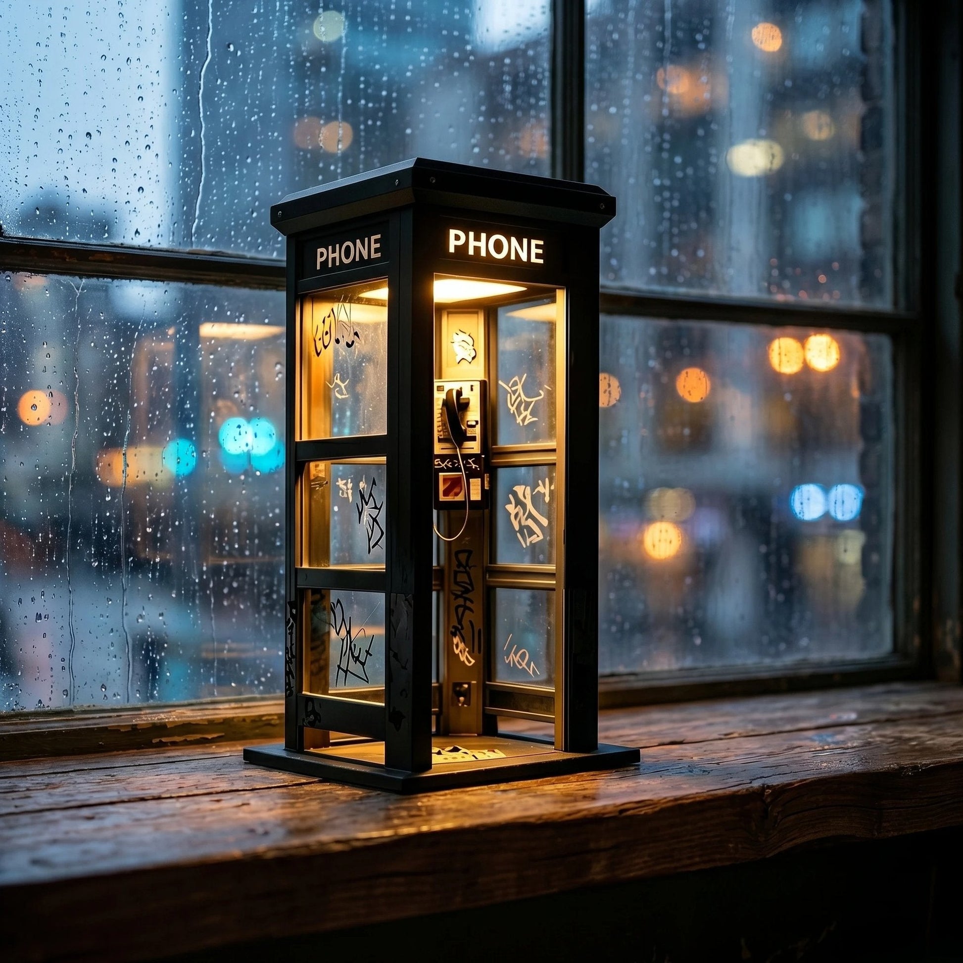 Bordlampe med Telefonboksdesign og Atmosfærisk Ravlys