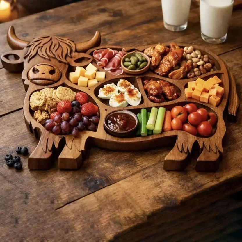 Serveringsbræt I Highlander Design Med Håndskåret Træudskæring Til Ost Og Tapas
