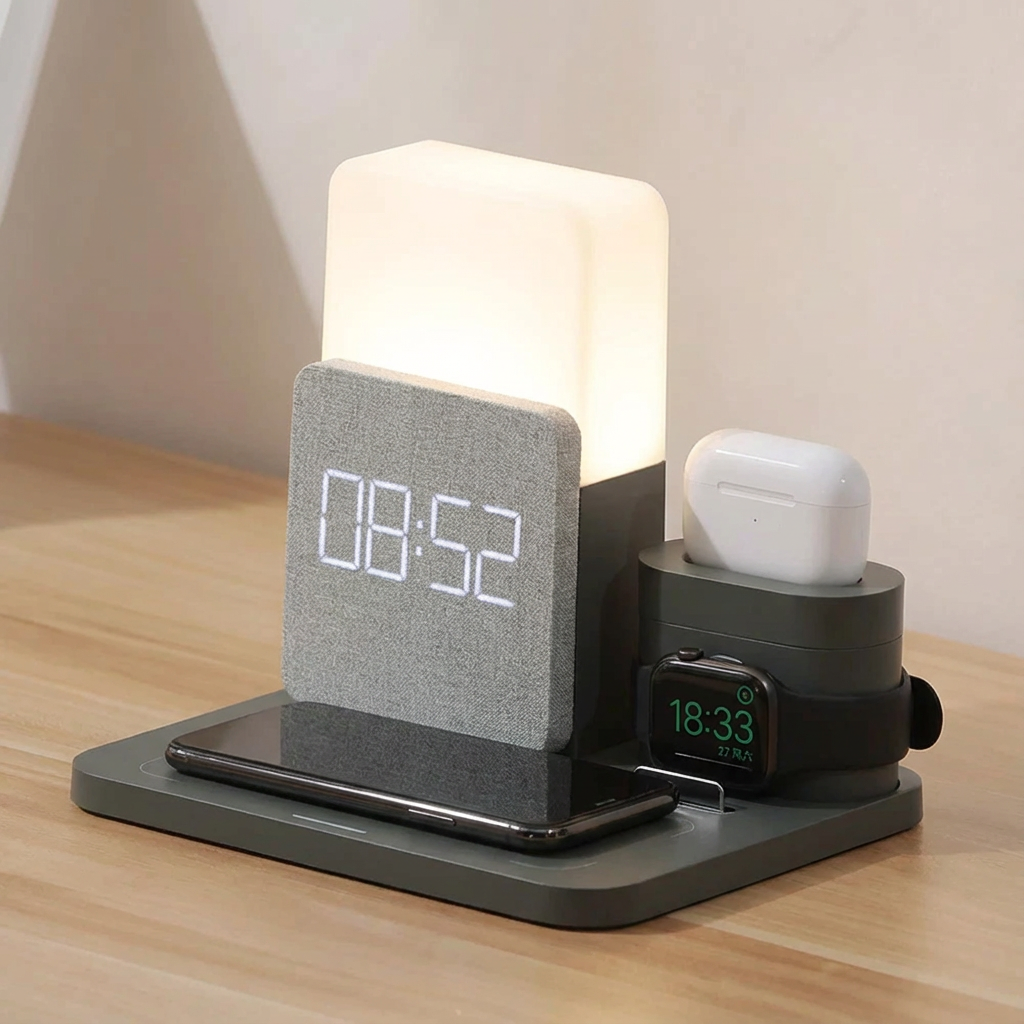 Trådløs 4‑i‑1 Opladestation med Indbygget Ur og Justerbar Led‑Belysning