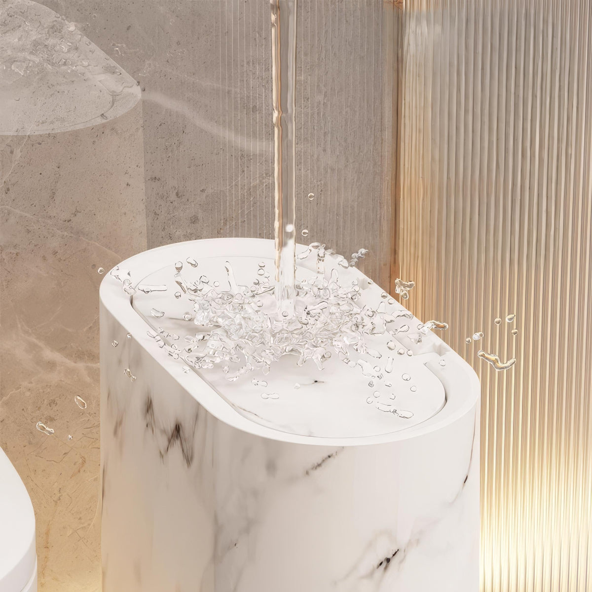 Affaldsboks Oval Plast Med Marmorlook Og Pladsbesparende Design