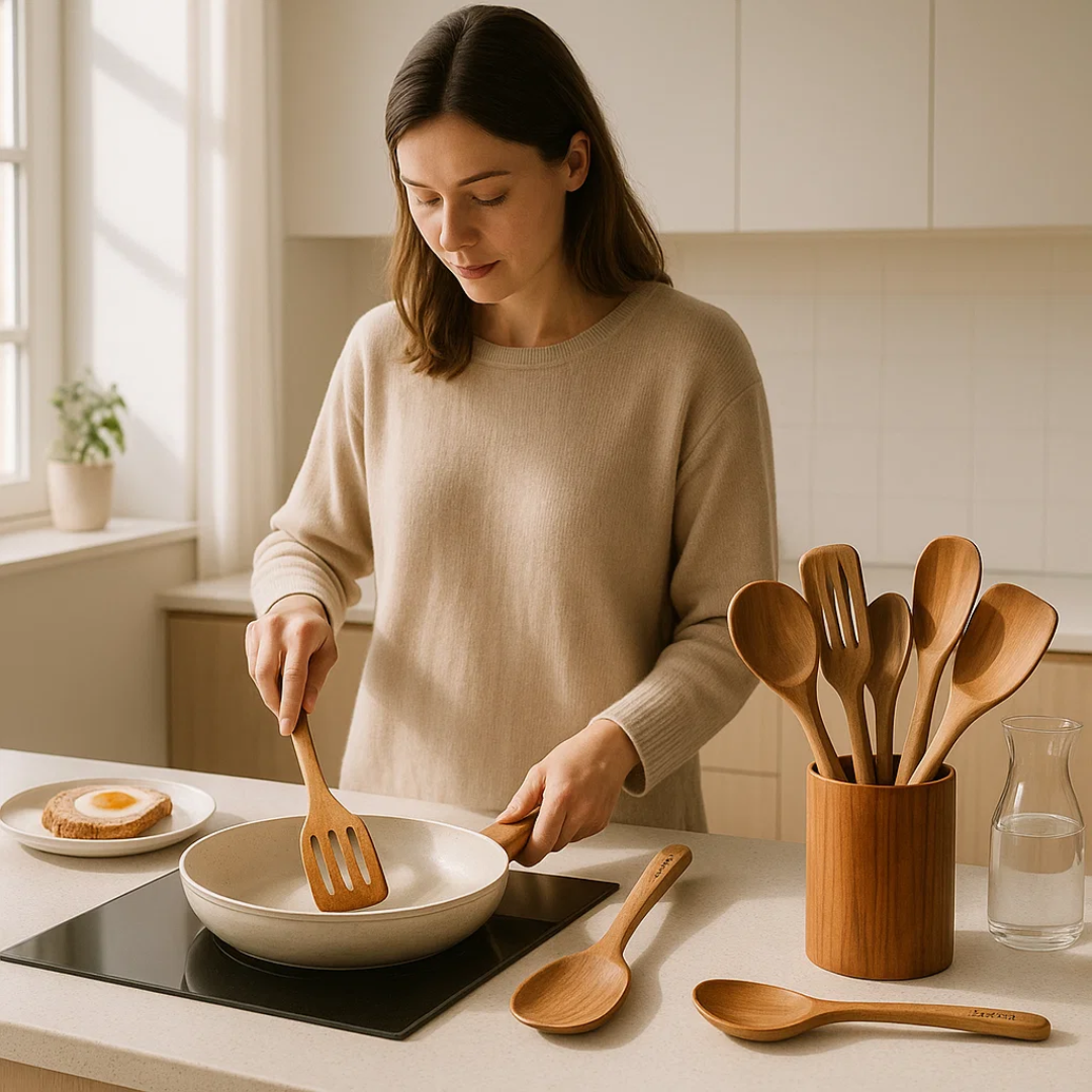 Køkkensæt i Træ med Ergonomisk Form og Stilren Konstruktion