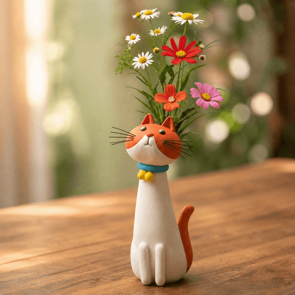 Håndlavet Keramikkat med Blomsteråbning