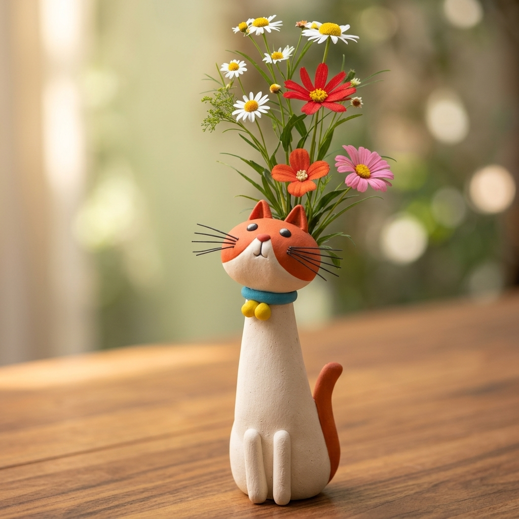 Håndlavet Keramikkat med Blomsteråbning