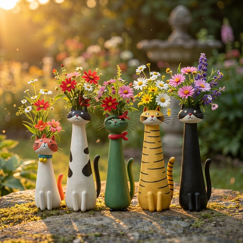 Håndlavet Keramikkat med Blomsteråbning
