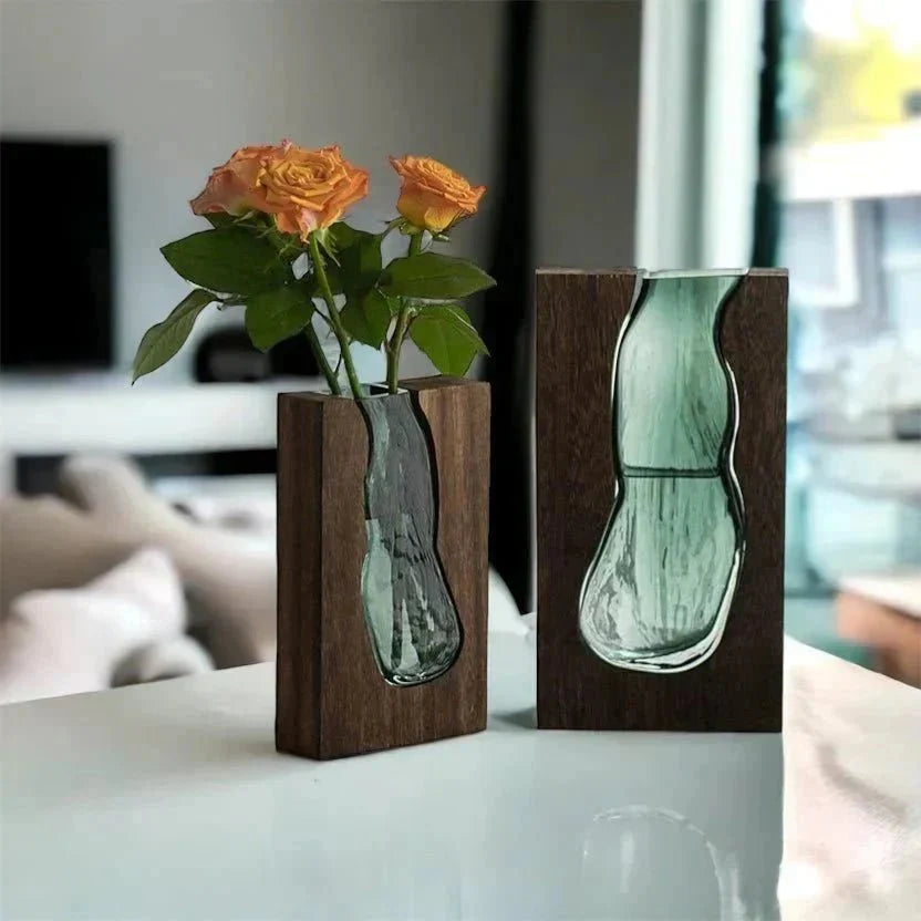 Dekorativ Vase i Træ med Aftagelig Glasindsats