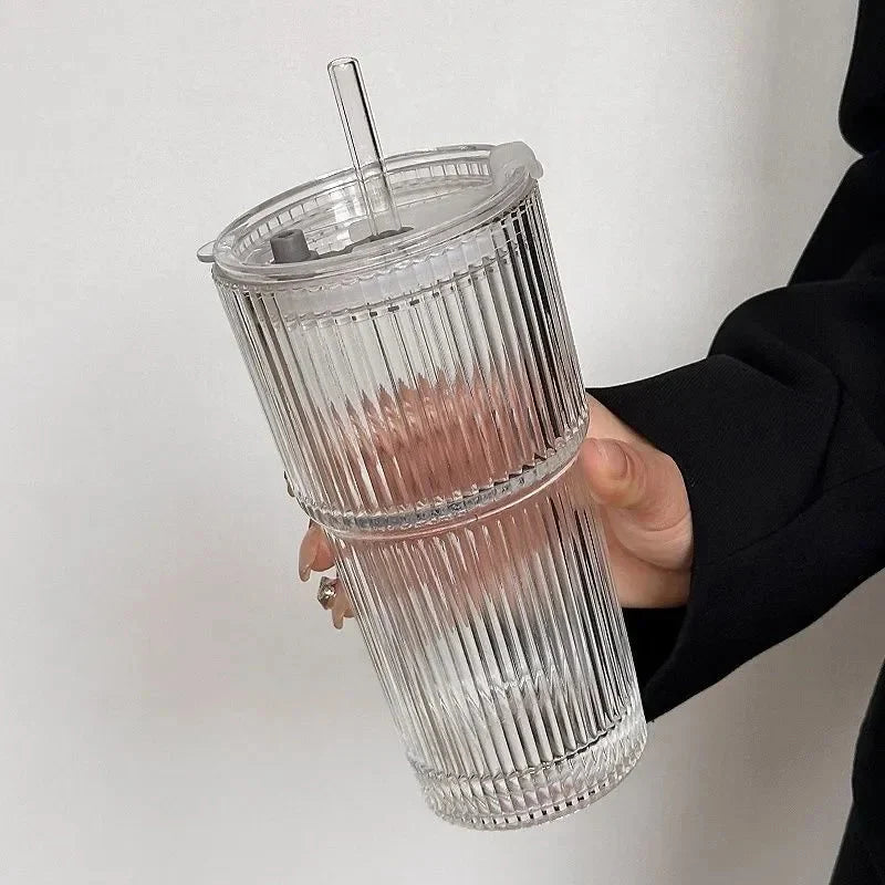 Genanvendeligt Rillet Drikkeglas med Låg og Glassugerør