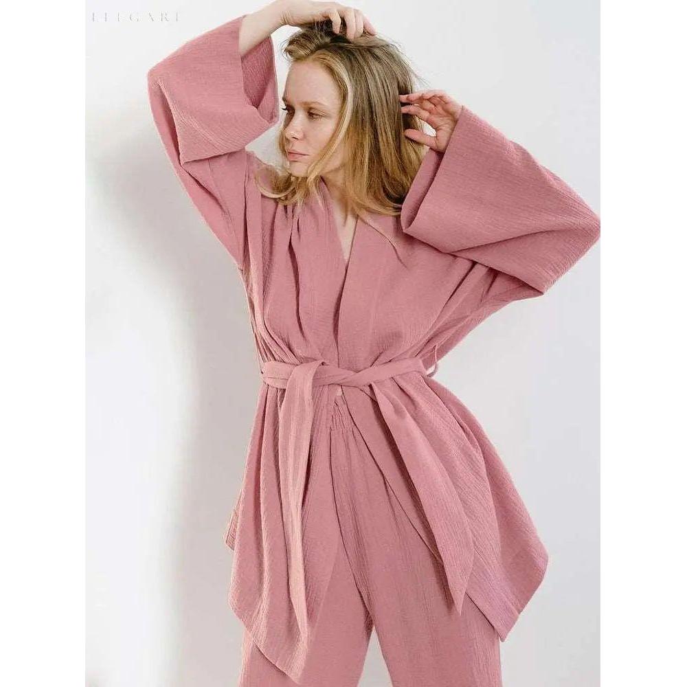 Kimono Pyjamasæt I Bomuld Med Afslappet Japanskinspireret Design