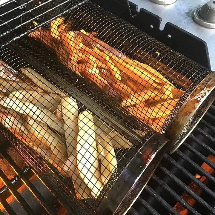 Rullende Grillkurv I Rustfrit Stål Til Jævn Og Sprød Udendørs Grillning