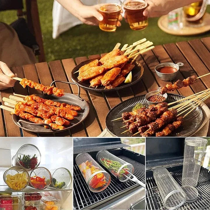 Rullende Grillkurv I Rustfrit Stål Til Jævn Og Sprød Udendørs Grillning