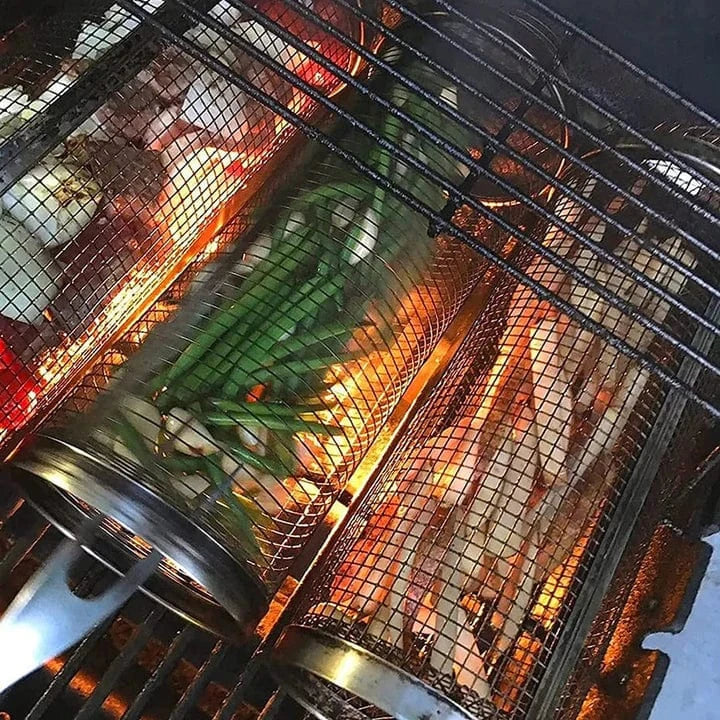 Rullende Grillkurv I Rustfrit Stål Til Jævn Og Sprød Udendørs Grillning