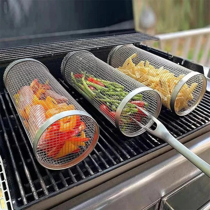 Rullende Grillkurv I Rustfrit Stål Til Jævn Og Sprød Udendørs Grillning