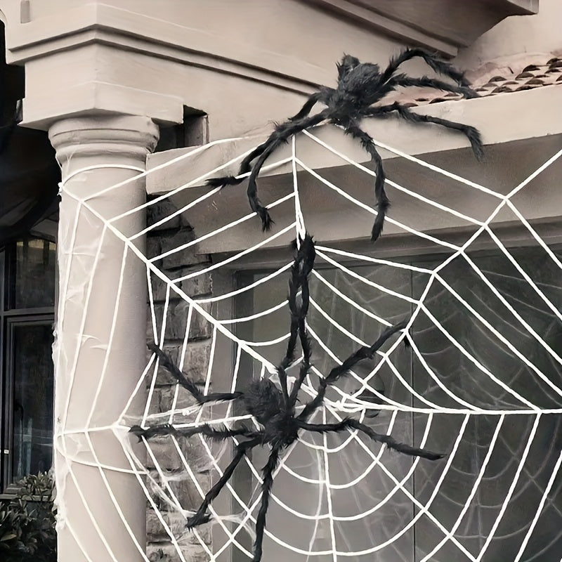 Halloween Dekorationssæt med 2 Kæmpeedderkopper og Spindelvæv