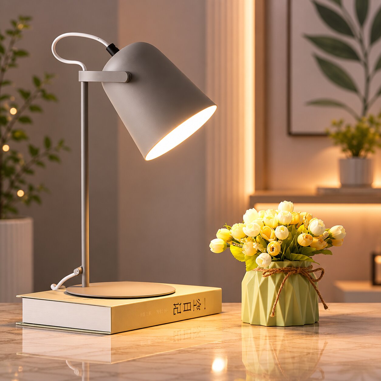 Bordlampe i Jern med Varmt Lys og Klar Form