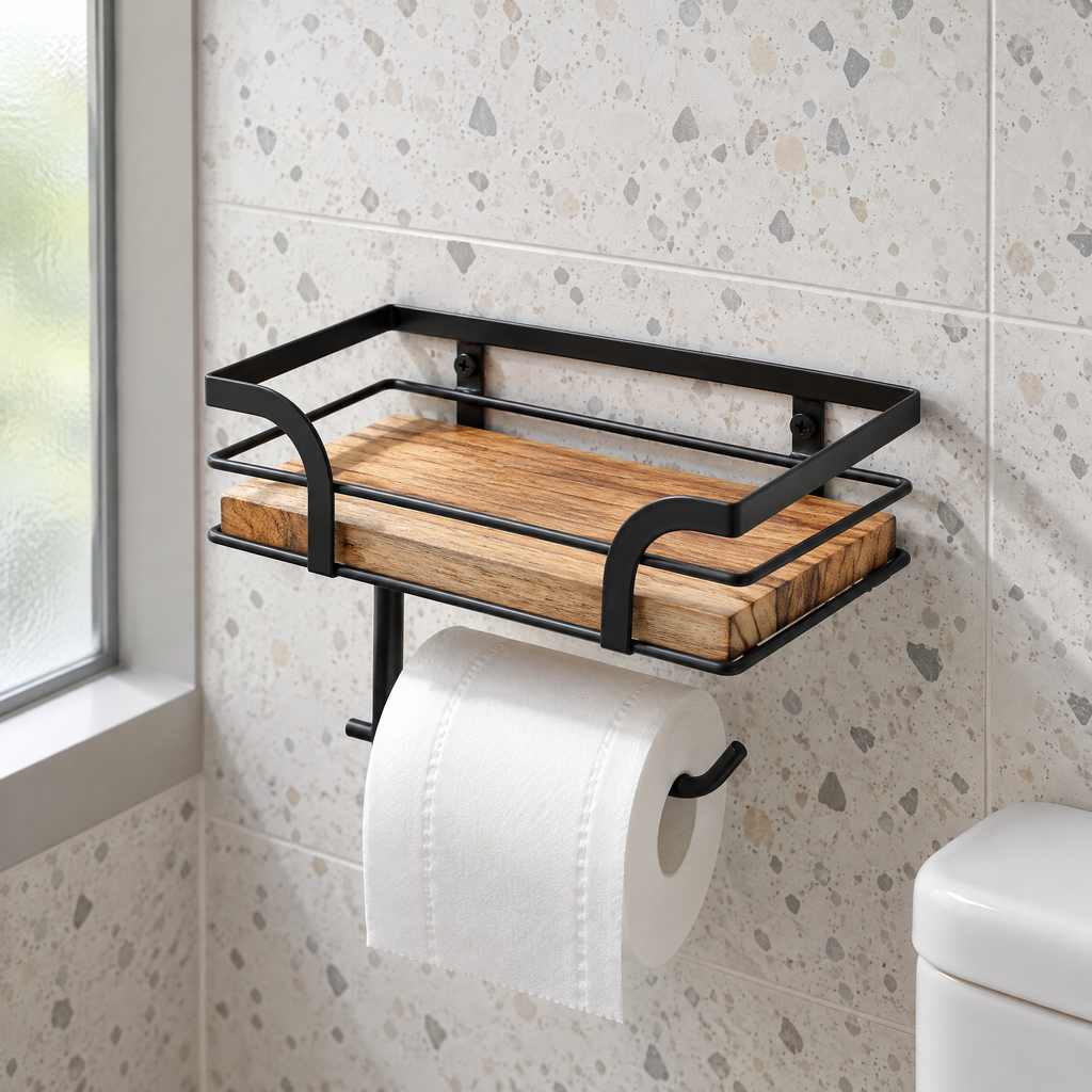 Toiletpapirholder Med Hylde I Træ Og Metal Til Badeværelset