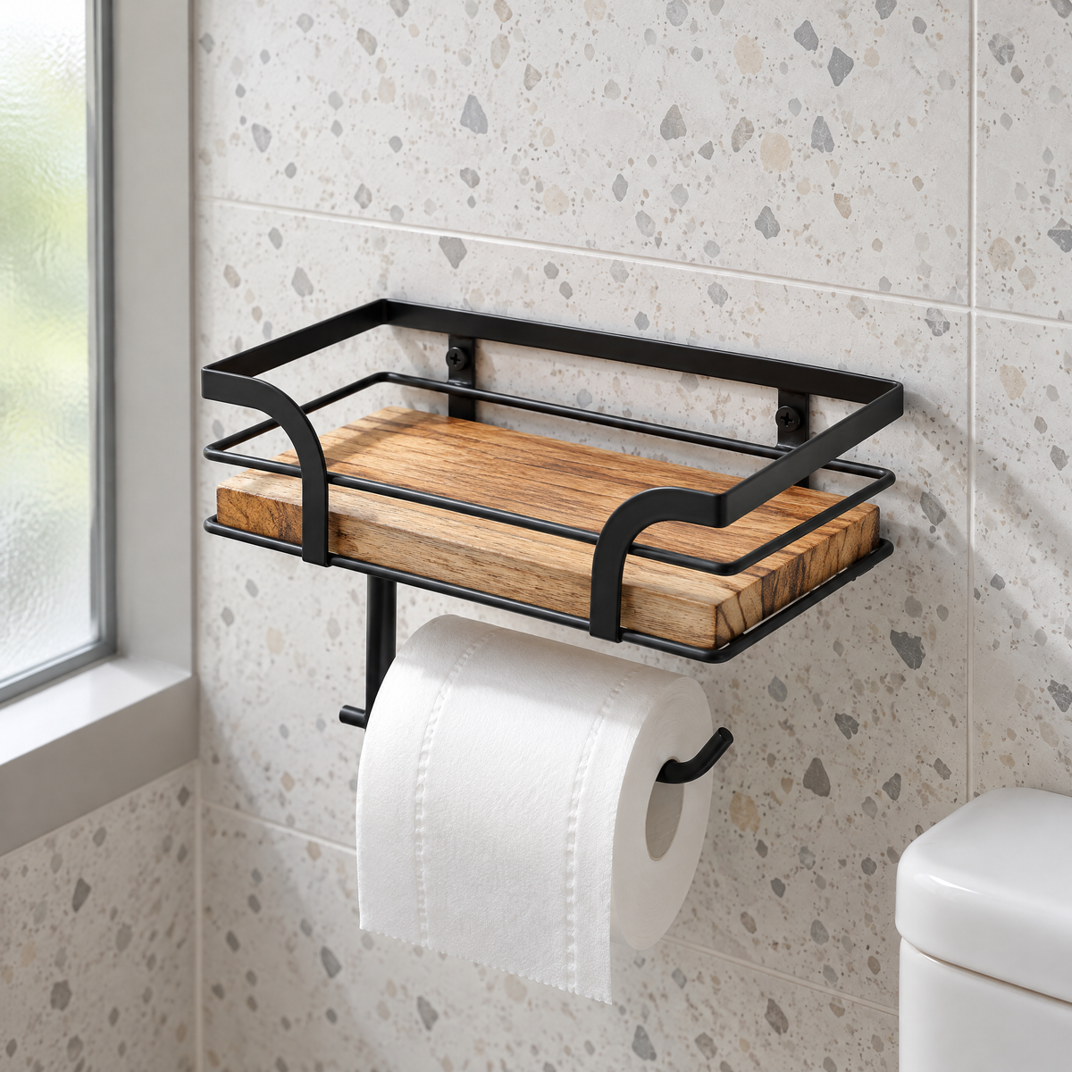 Toiletpapirholder Med Hylde I Træ Og Metal Til Badeværelset