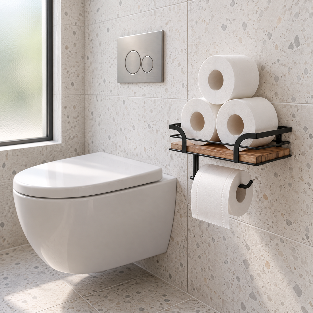 Toiletpapirholder Med Hylde I Træ Og Metal Til Badeværelset