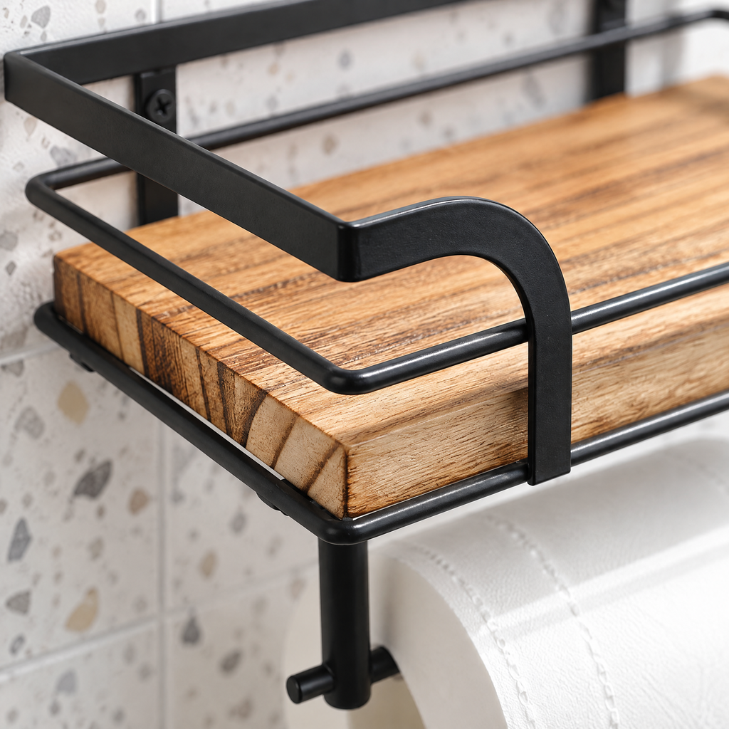 Toiletpapirholder Med Hylde I Træ Og Metal Til Badeværelset