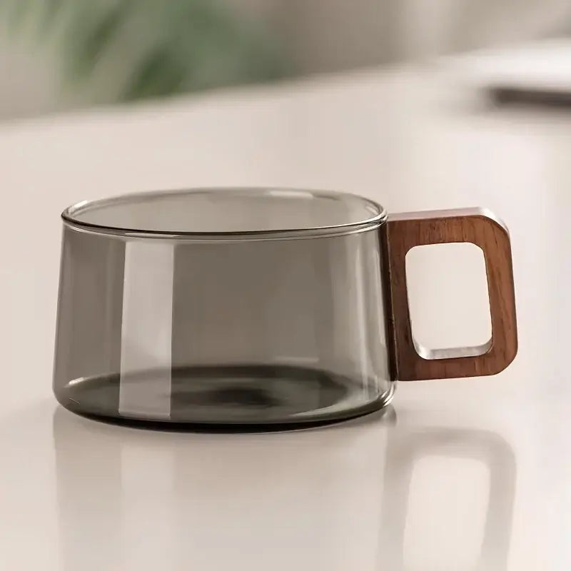 Glaskopsæt Med Valnøddetræ, Underkop Og Ske Til Kaffe Og Te
